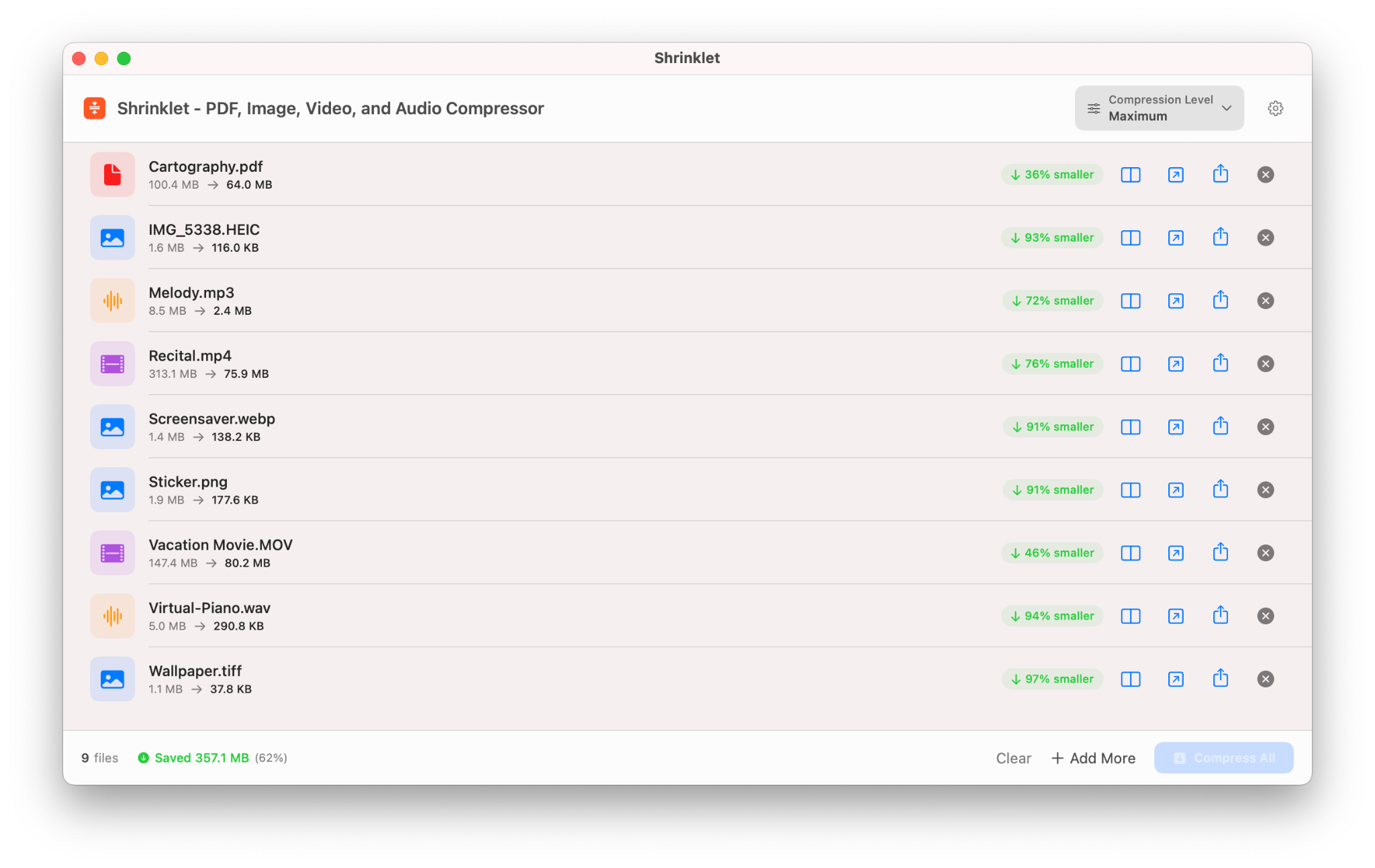 Shrinklet completed batch compression showing PDF image video and audio results