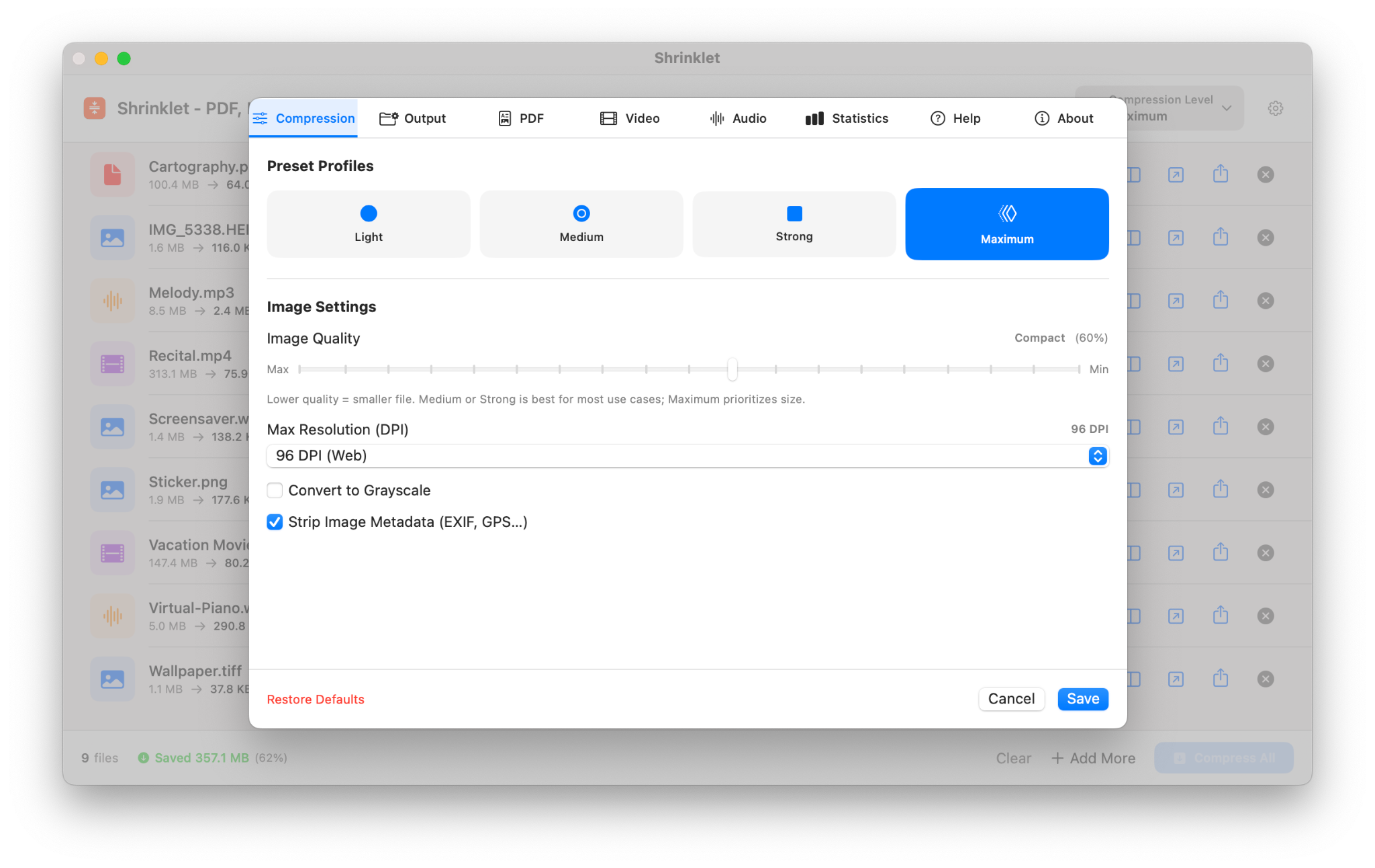 Shrinklet compression settings with preset profiles image quality and DPI controls